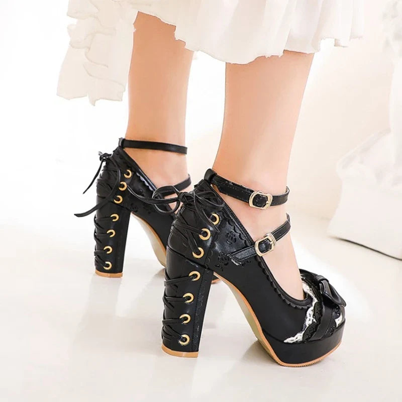 34-43 Bow Platform Cute Bow Lace Classic Lolita Shoes | CoyBunny