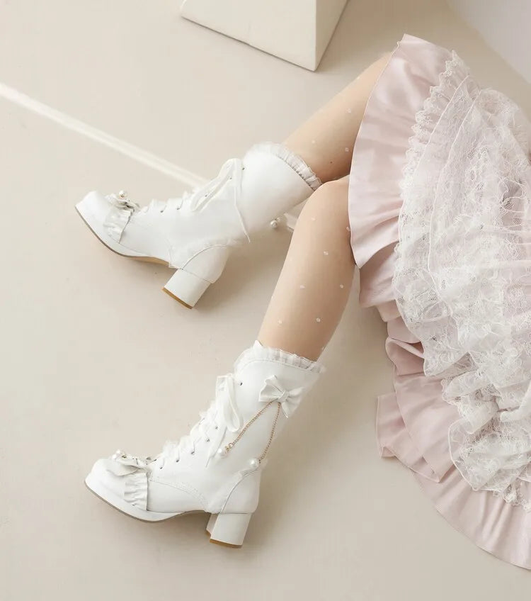 Cross Lace Bow High Heel Boots - Lolita Party Shoes | CoyBunny