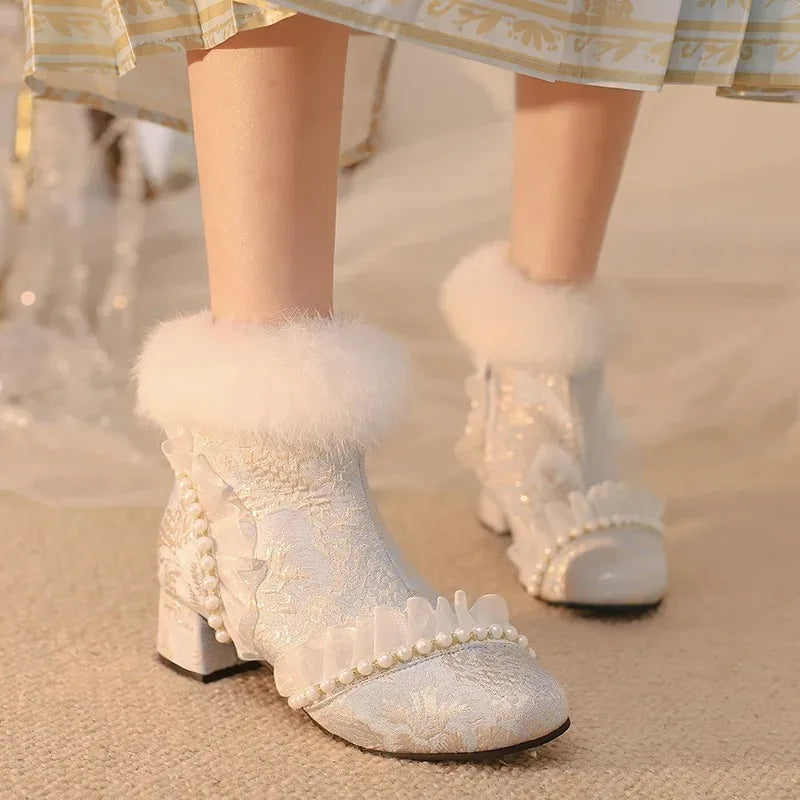 33-43 Elegant Cheongsam Beaded Rabbit Ankle Booties | CoyBunny