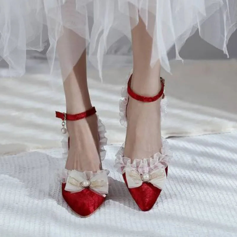 35-45 Red Metal Rhinestone Pearl Sandals Velvet Lolita Princess Shoes | CoyBunny