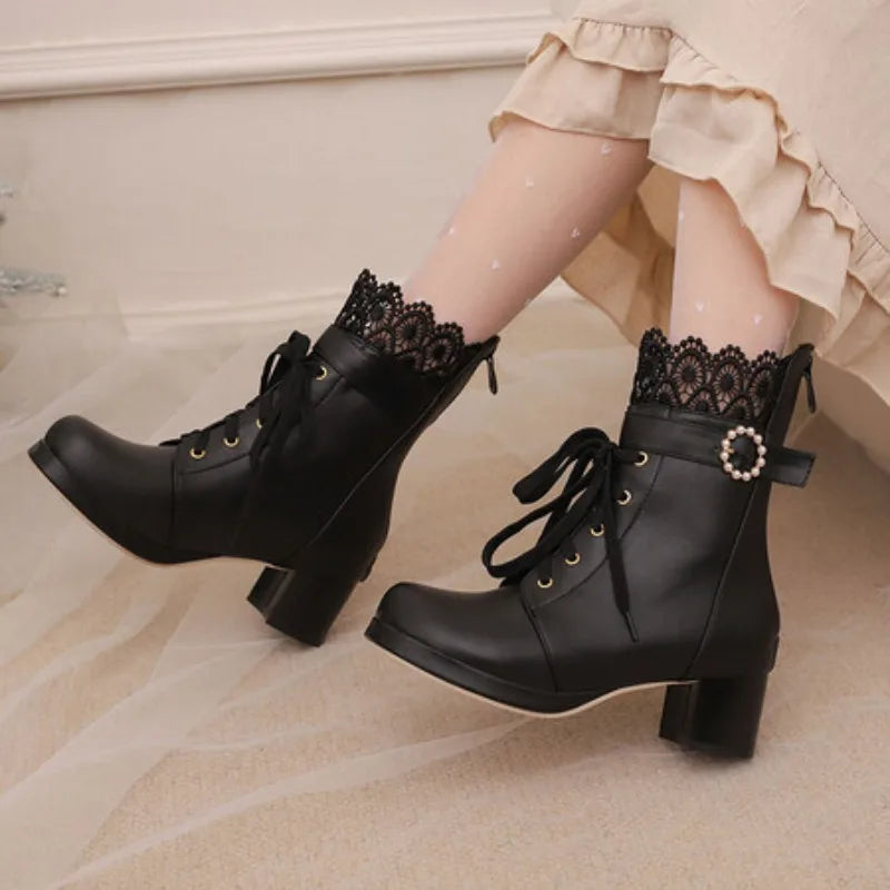 32-48 Lace Up Square Platform Ankle Boots Bow Ruffles Lolita Shoes | CoyBunny