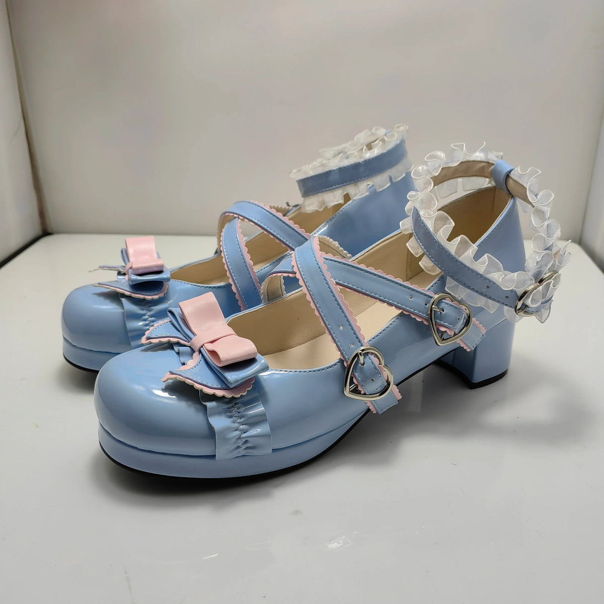 34-48 Sweet Lolita Pumps Block Heel Bowknot Ankel Buckle Strap Shoes | CoyBunny
