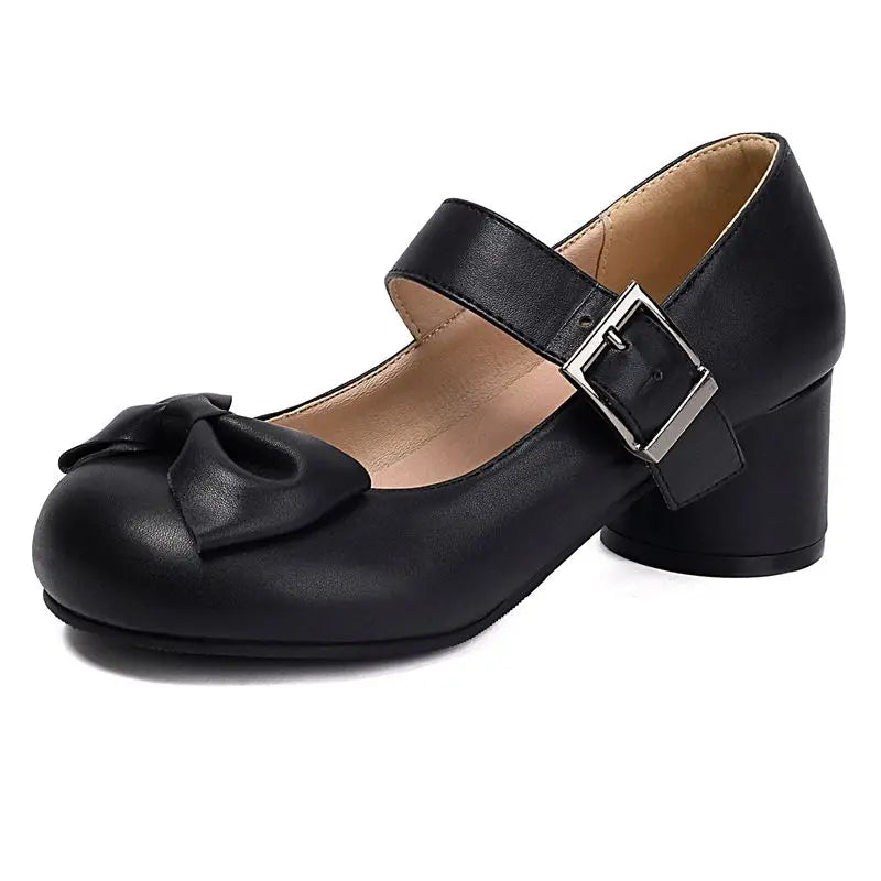 32-48 Mary Janes Pumps Round Toe Chunky Heels Buckle Strap Bowknot | CoyBunny
