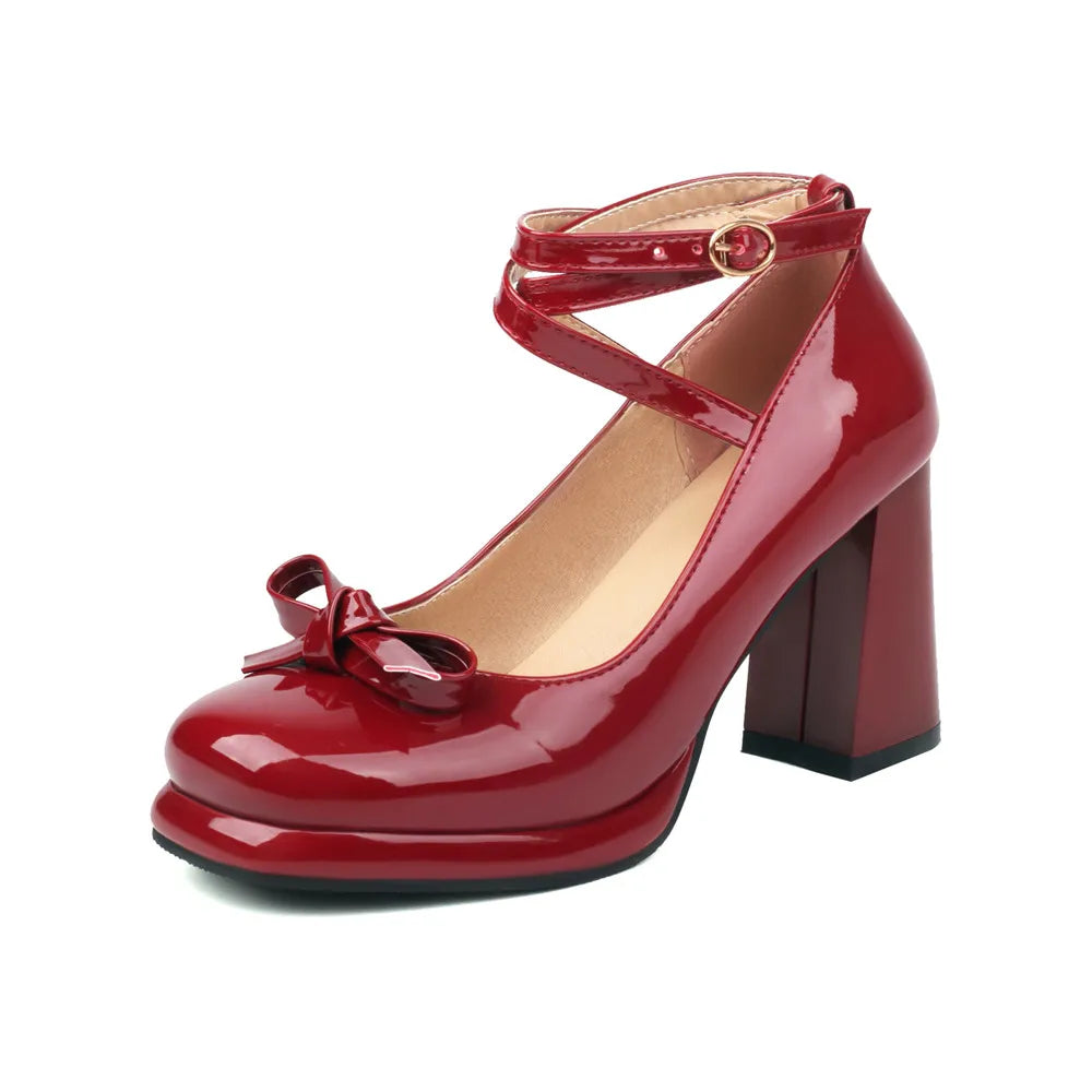 33-43 Sweet Platform Round Toe Square Heel Cross Straps Patent Leather Shoes | CoyBunny