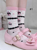 Sweet Lolita Calf Socks with Cake, Strawberry and Bow Print | CoyBunny