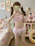Sweet Strawberry Themed Light Pink Gingham Two-Piece Swimsuit Set Halter Top and Skirted Swim Brief - To Alice | CoyBunny