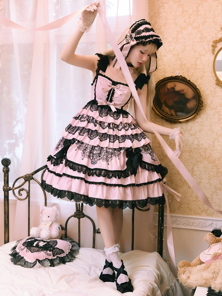 Black Pink High Waist Ruffled Lolita Jumper Skirt - Mademoiselle Pearl | CoyBunny