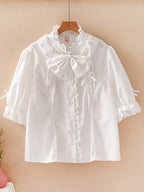 Plus Size White Black Pink Apricot Short Sleeve Lolita Stand Collar Blouse - Versatile girl | CoyBunny