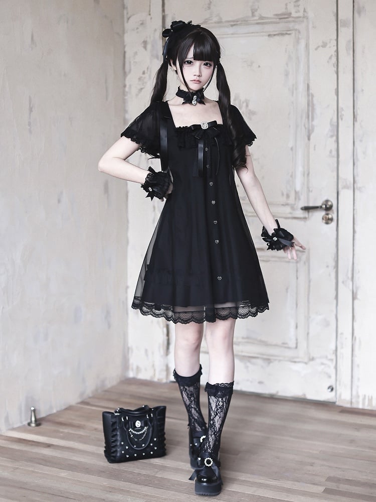 Gothic Square Neck Dress with Bow Accents - Ekomi | CoyBunny