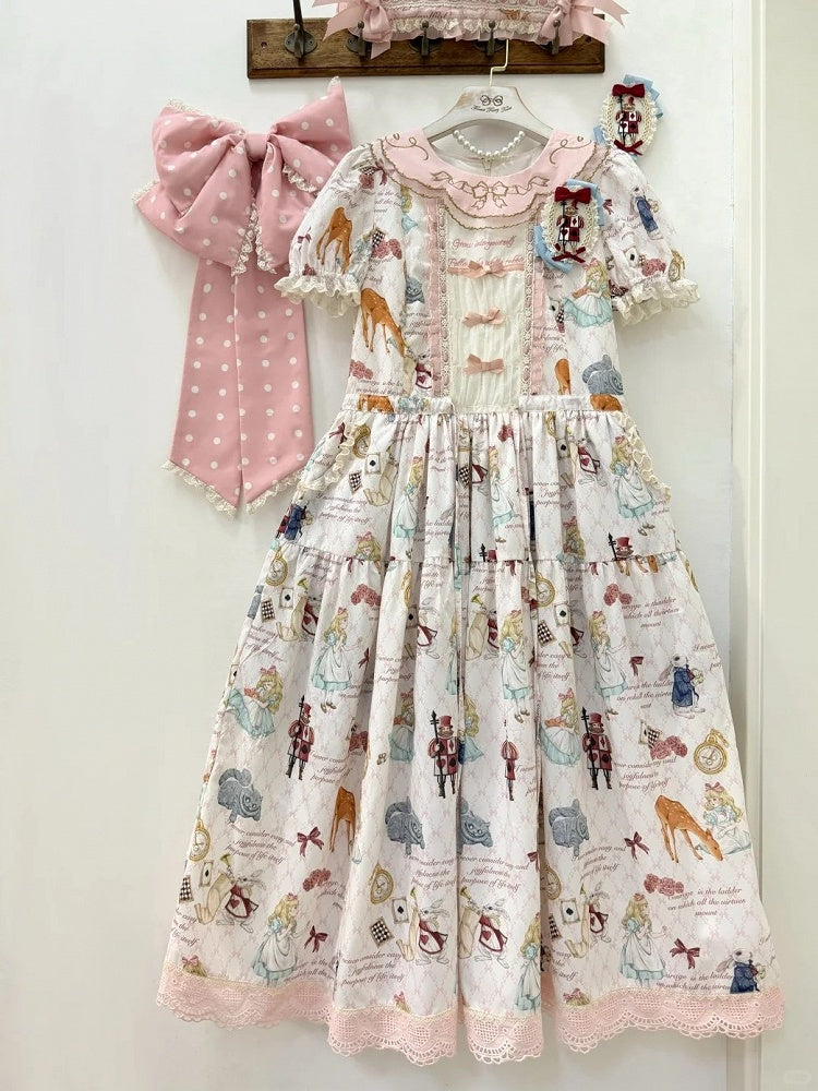 Rose Alice in Wonderland Print Round Neck Sweet Gown with Drawstring Waist - Forest Fairy Tales | CoyBunny
