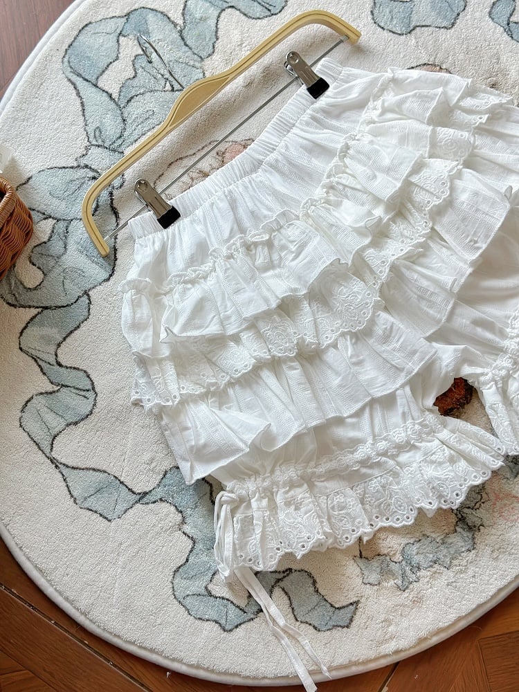 Sweet Lolita White Cotton Bloomers with Tiered Ruffles & Bow | CoyBunny