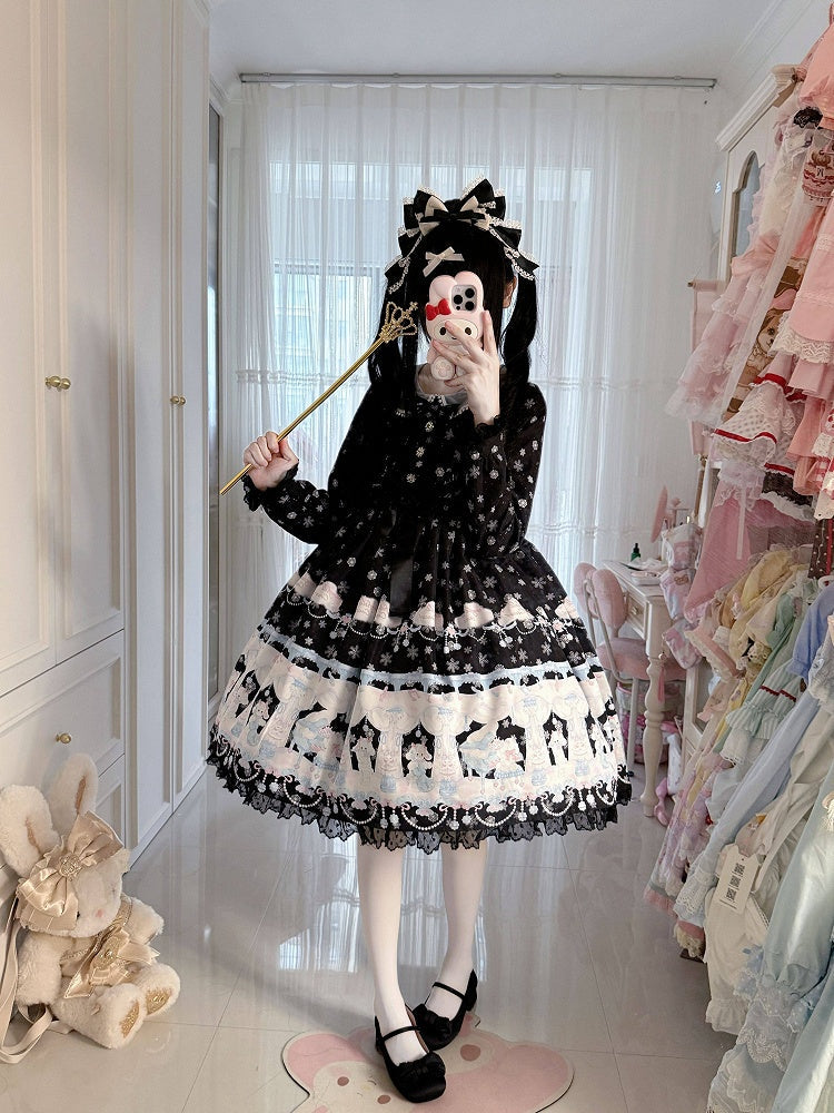 Peter Pan Collar Sweet Lolita Black Long Sleeves Dress with Bunny and Snowflake Print | CoyBunny
