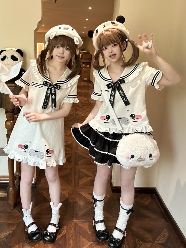 Cute Seal White Sailor Collar Short Sleeve T-Shirt with Bow and Ruffle - To Alice | CoyBunny