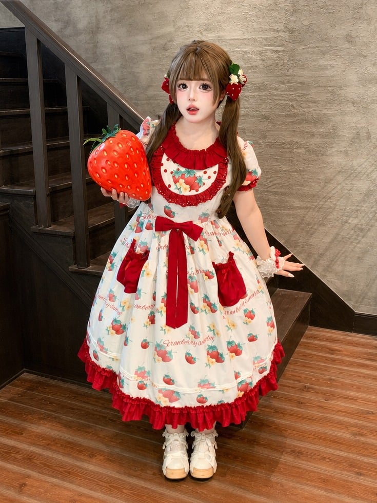 Curvy Strawberry Print Bow-Adorned Floral Skirt Dress - Versatile girl | CoyBunny