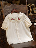 Cream Short Sleeve Lolita Blouse with Red Strawberry Embroidery Collar - Dream Magic Box | CoyBunny