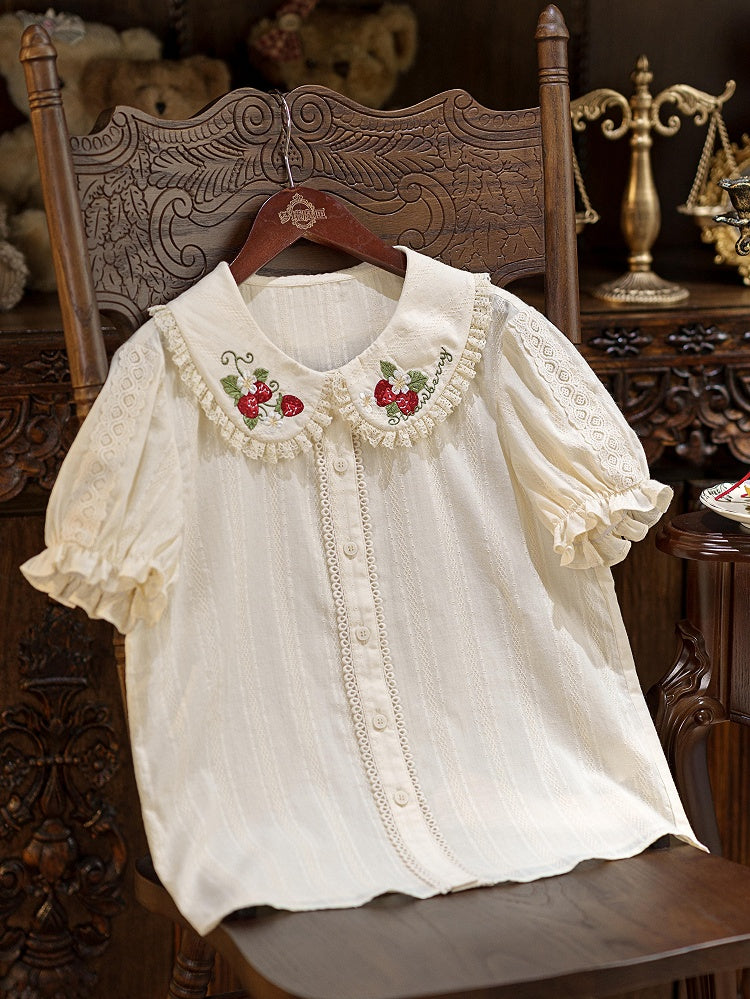 Cream Short Sleeve Lolita Blouse with Red Strawberry Embroidery Collar - Dream Magic Box | CoyBunny