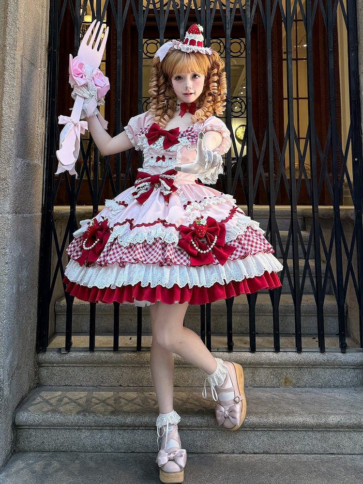 Sweet Lolita Strawberry Bowknot Tiered Dress in Pink and Red - Sakurahime | CoyBunny