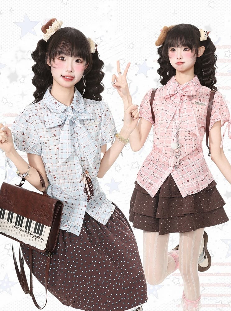 Blue Kawaii Star Plaid Short Sleeve Shirt with Bow - Languid Park | CoyBunny