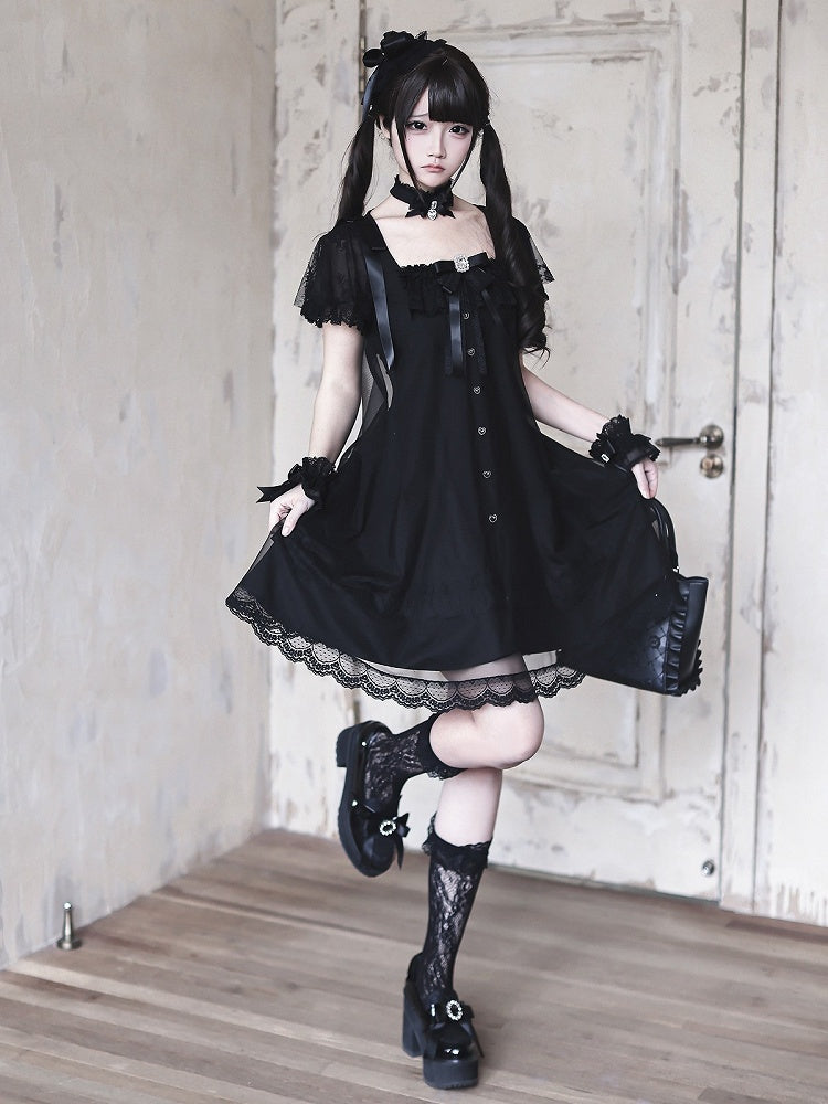 Gothic Square Neck Dress with Bow Accents - Ekomi | CoyBunny