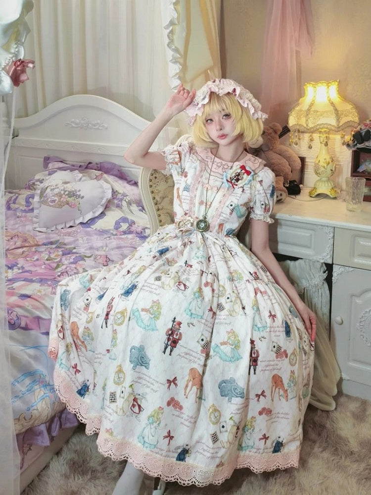 Rose Alice in Wonderland Print Round Neck Sweet Gown with Drawstring Waist - Forest Fairy Tales | CoyBunny