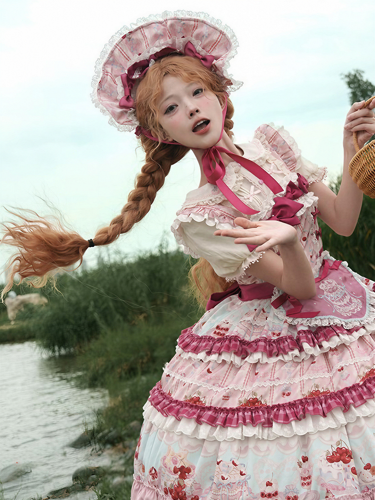 Pink Blue Cherry Print Sweet Lolita Bonnet with Lace - Strawberry Fantasy | CoyBunny