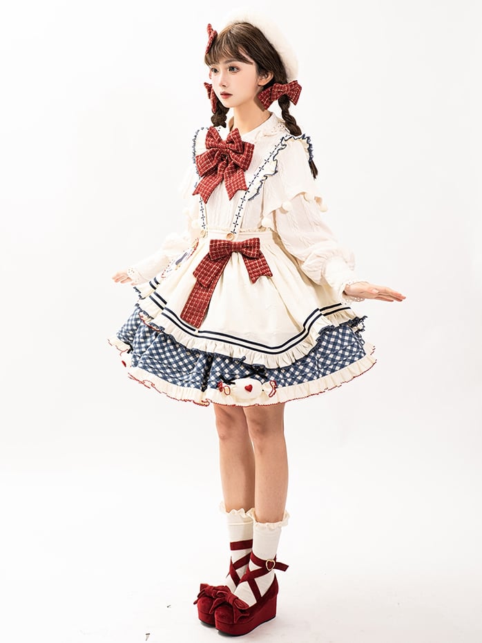 White Long-Sleeve Knitted Top Apron Blue Plaid Print Skirt Sweet Lolita Full Set | CoyBunny
