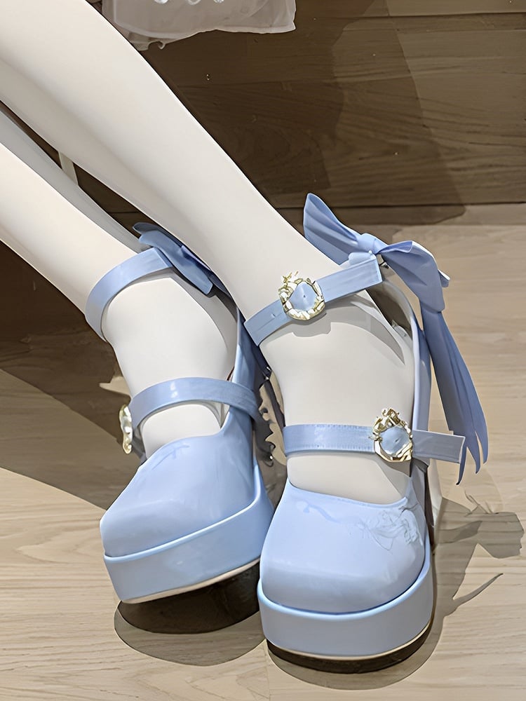 Satin Blue Platform High-Heel Mary Janes with Goldfish Charm - Floating Dream Realm | CoyBunny