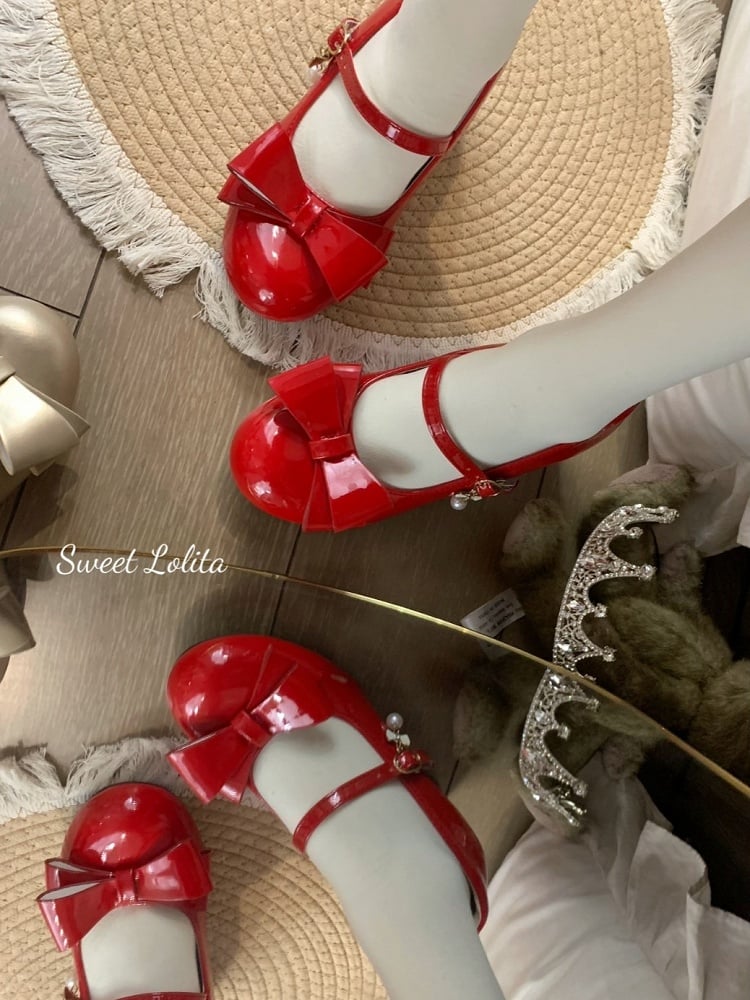 Wine Red Sweet Lolita Mid Heels - Polished Bow Mary Jane Shoes | CoyBunny