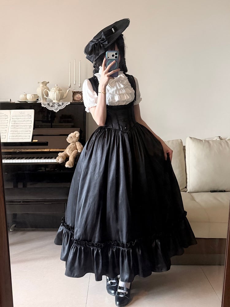 Black Satin Basque Waist Under Bust Classic Lolita JSK - Alice in Wonderland Lolita | CoyBunny