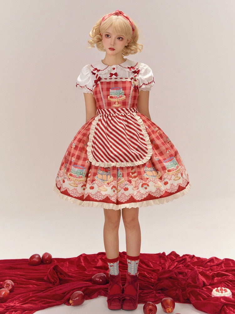 Red Gingham Print Cherry and Dessert Sweet Lolita Jumper Skirt | CoyBunny