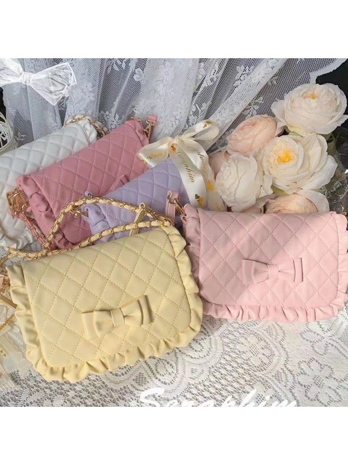 Light Pink Crossbody Lolita Bag with Diamond Pattern and Bows - Seraphim | CoyBunny
