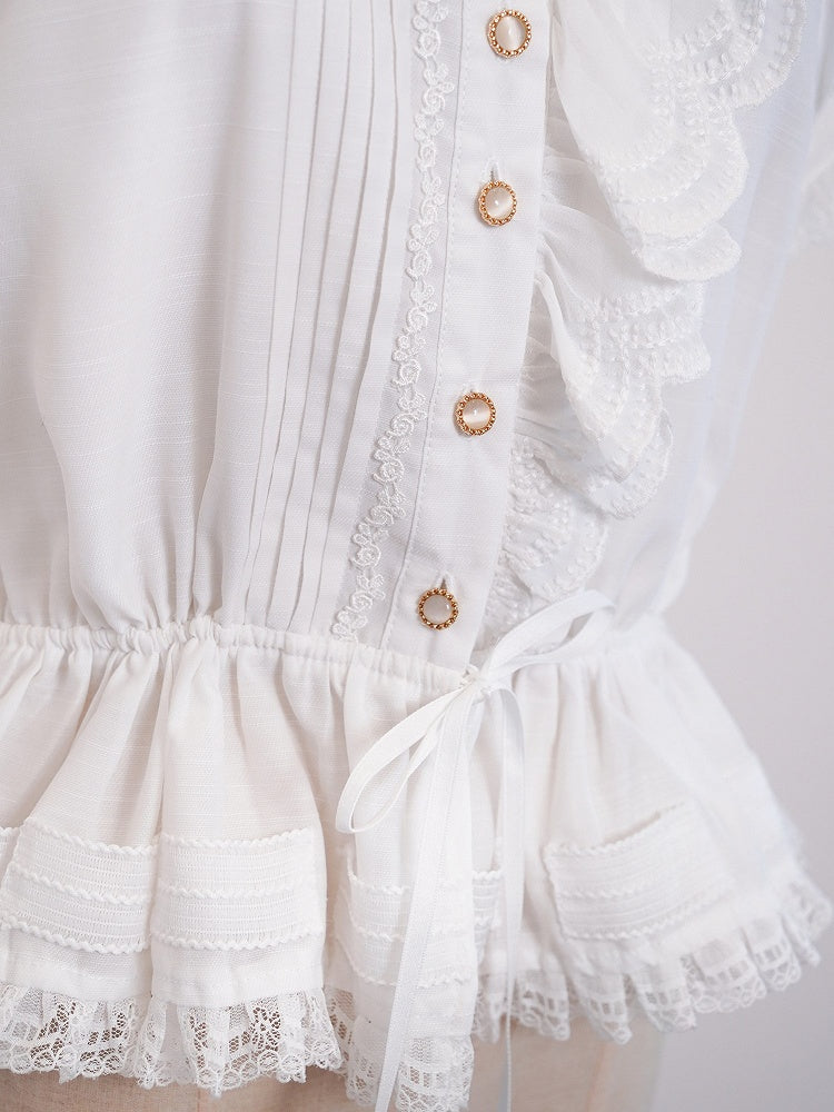 White Single-Sided Ruffles Elegant Lolita Blouse with Drawstring Belt | CoyBunny