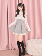 White Cut-Out Shoulder Knit Plaid Dress with Lace Trim - No Genki | CoyBunny