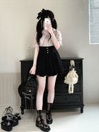 Bunny Ear Bow Collar Blouse, Short Sleeve, Pink & White Print - Kitty Bxllet | CoyBunny