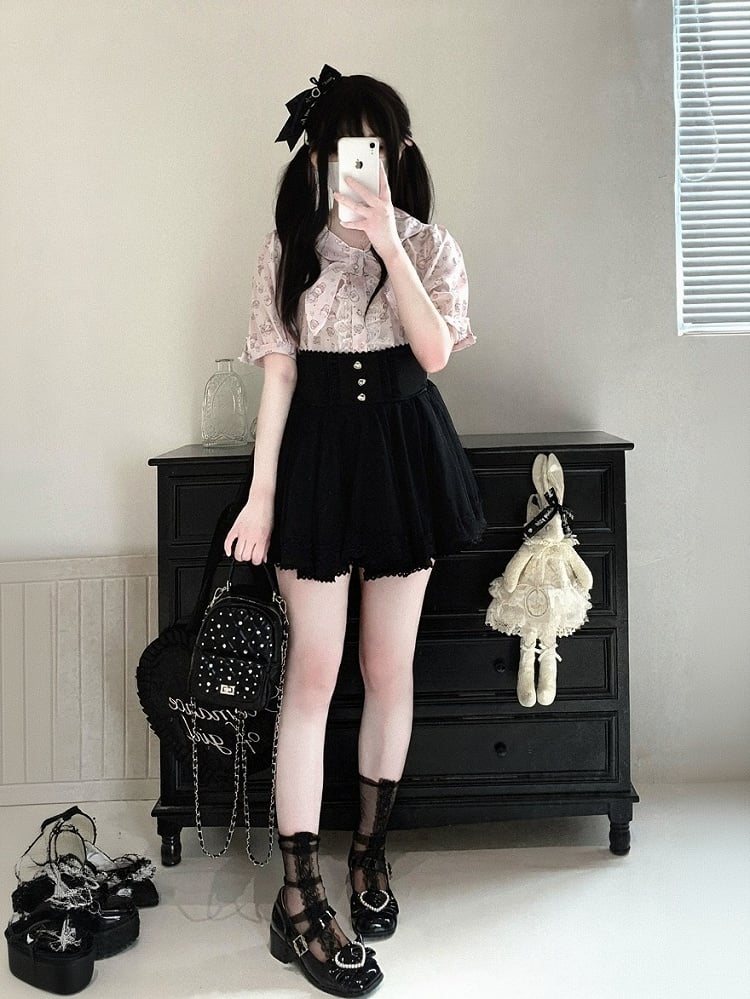 Bunny Ear Bow Collar Blouse, Short Sleeve, Pink & White Print - Kitty Bxllet | CoyBunny