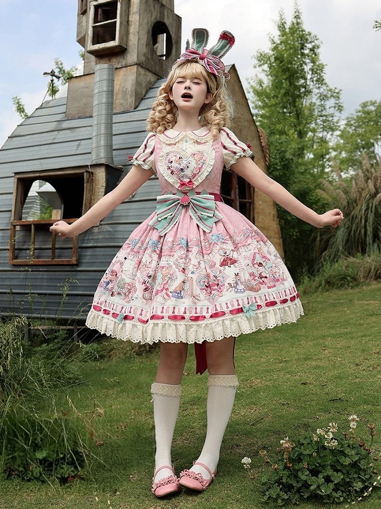 Pink & Green Alice Cat Vibes Heart-shaped Patch Sweet Lolita Dress with Apron Belt - Mewroco | CoyBunny