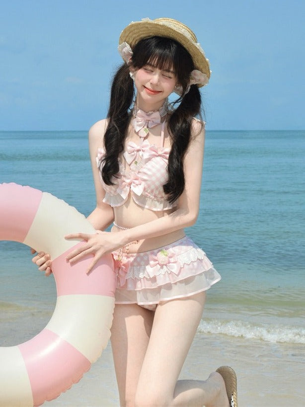 Sweet Strawberry Themed Light Pink Gingham Two-Piece Swimsuit Set Halter Top and Skirted Swim Brief - To Alice | CoyBunny