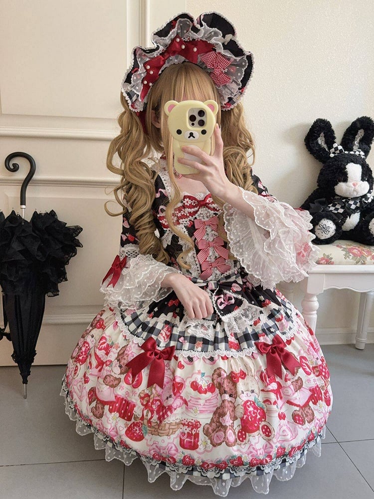 Black Bell Sleeves Sweet Lolita OP Dress with Strawberry Desserts Print - Miss Han | CoyBunny