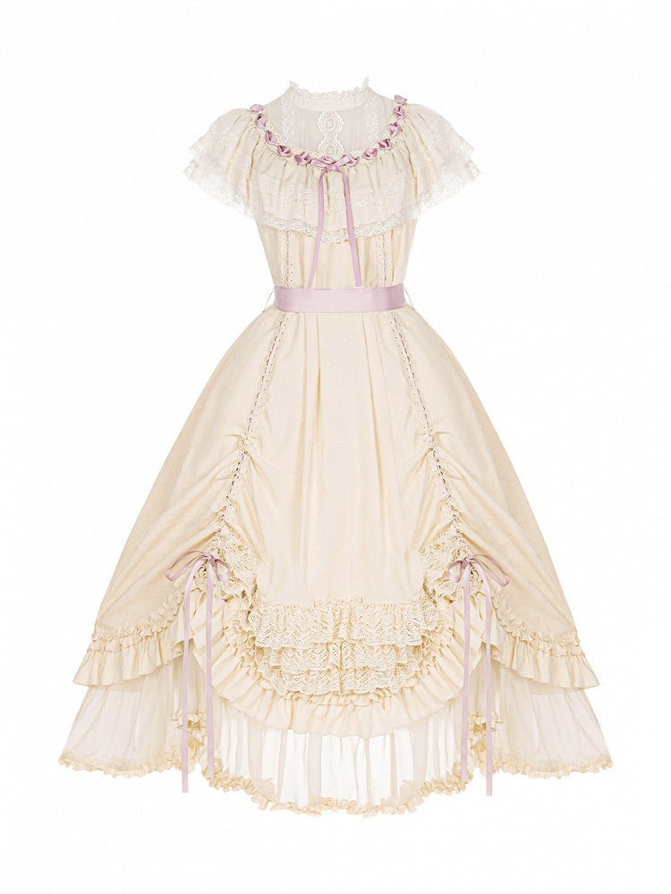 Beige Rosette Jacquard OP Dress with Ruffles - With PUJI | CoyBunny