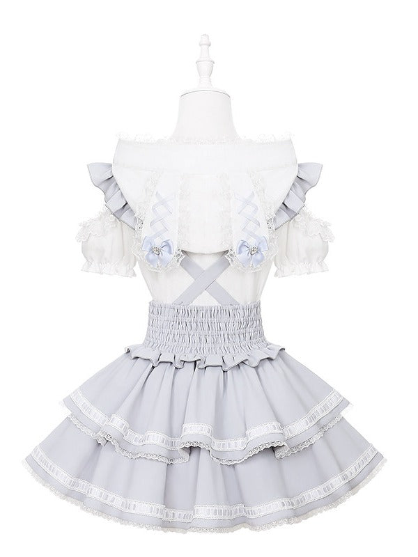 Light Dusty Blue Double-Layer Overall Skirt with Lace Trim - Puppet Bombs | CoyBunny