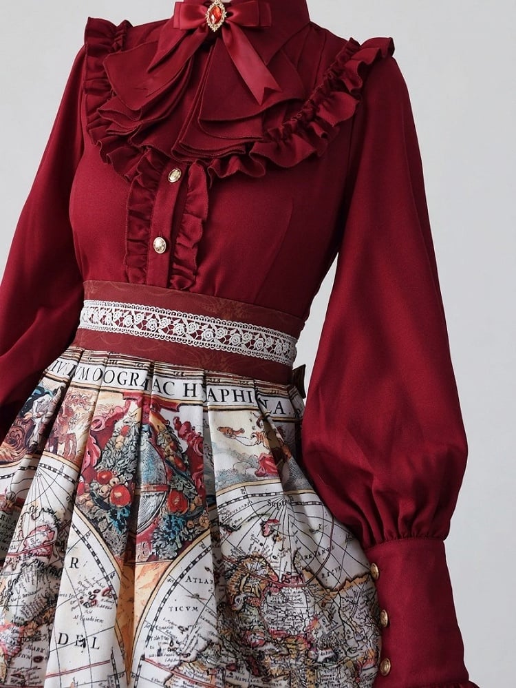 Wine Red Vintage Flounce Hem Elegant Lolita Blouse with Puff Sleeves | CoyBunny