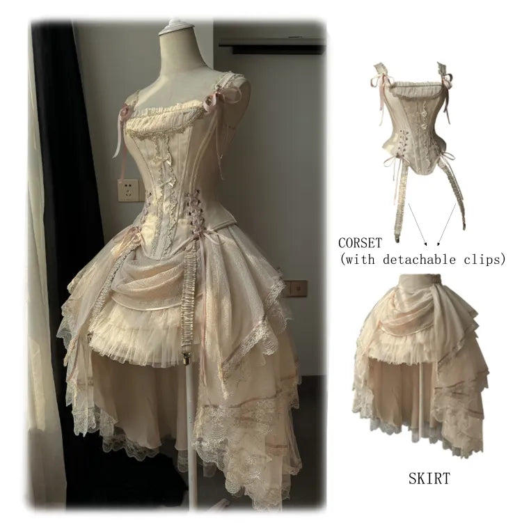 Champagne Lace-up Corset Top + High-low Layered Lolita Skirt (S-XL) | CoyBunny