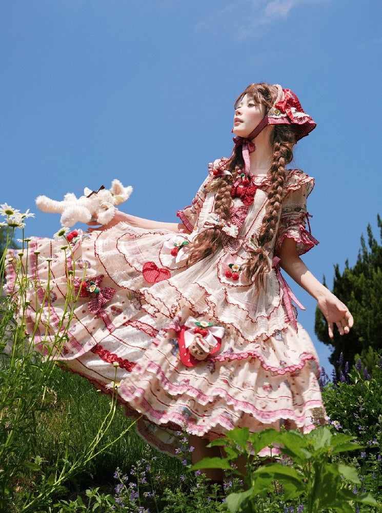 Beige Red Short Sleeve Ruffles Cottagecore Lolita OP Dress - DrunkCoco | CoyBunny
