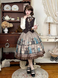 Gray Brown Coffee Cup Bookshelf Print Elegant Skirt Ruffled Hem - Dream Whale | CoyBunny