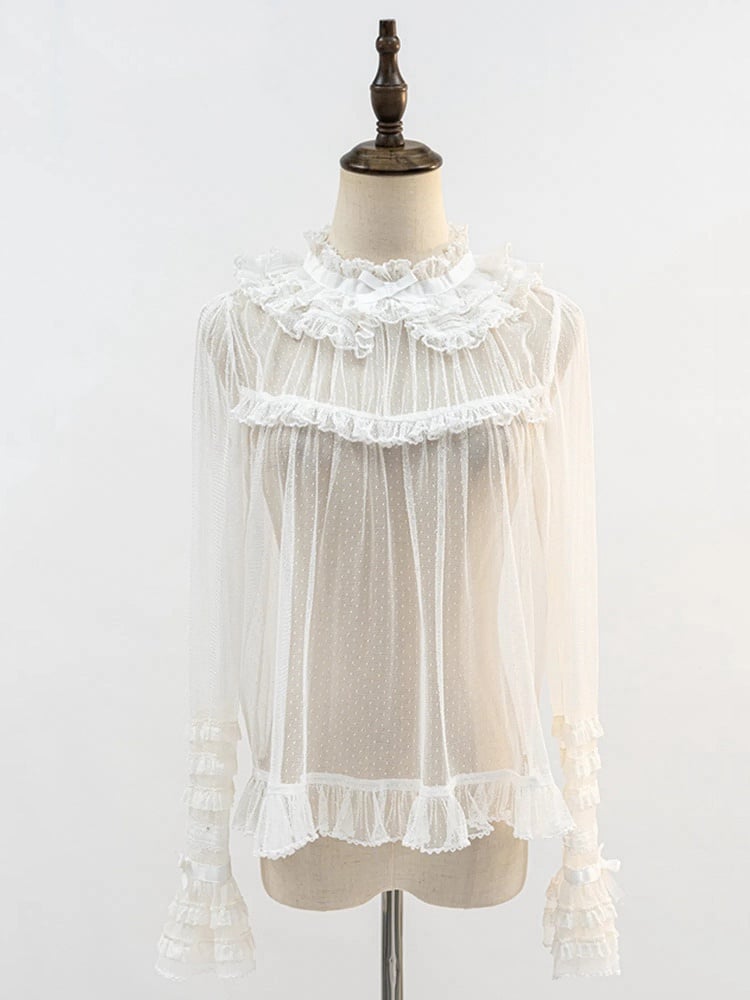 White Ruffle Neckline Sheer Long Sleeves Blouse | CoyBunny