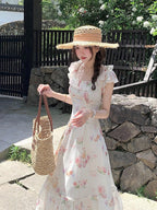 Apricot Summer Vacation Dress with Floral Pattern - Qchiwawameme | CoyBunny