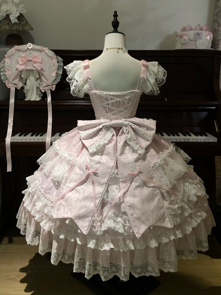 Pink Hanayome Tiered Lolita JSK Dress with Bows & Lace Trim - Set Includes Bonnet & Back Bow | CoyBunny