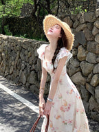 Apricot Summer Vacation Dress with Floral Pattern - Qchiwawameme | CoyBunny