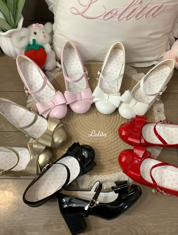 Wine Red Sweet Lolita Mid Heels - Polished Bow Mary Jane Shoes | CoyBunny