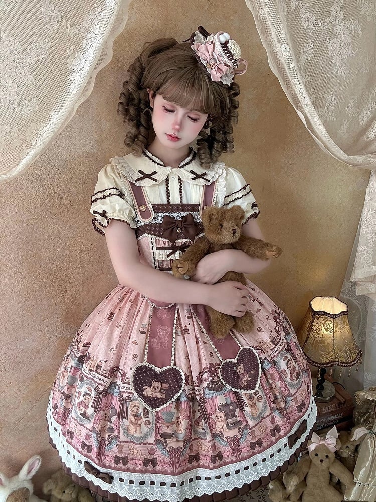Puppy Coffee Shop Print Pink Sweet Lolita JSK Dress - Stars Fall on the Foggy Island | CoyBunny